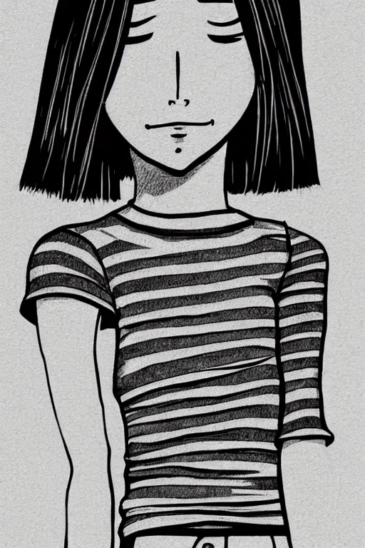 Prompt: portrait of a girl in long pants and a top, hands in pockets, eyes closed, bob haircut, digital art, black and white, clean sketch by junji ito and kaoru mori