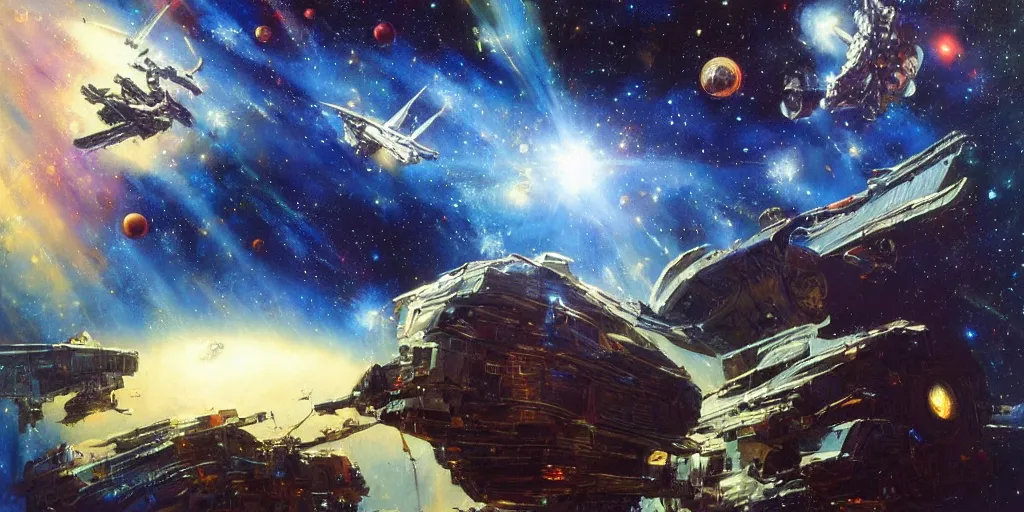 Image similar to a beautiful space scene with a spaceship and a dark, plain, simple starry background, art by alan bean and john berkey trending on artstation, highly detailed oil painting, hyperrealistic, cinematic, dramatic lighting, sharp color palette