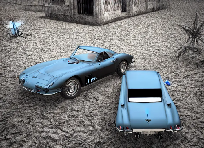 Image similar to hyperrealism, detailed textures, photorealistic 3 d render, a dreamy beach in cuba, a 1 9 6 4 split window corvette obsidian black, sharp focus, ultra realistic, ultra high pixel detail, cinematic, intricate, cinematic light, concept art, illustration, art station, unreal engine 8 k