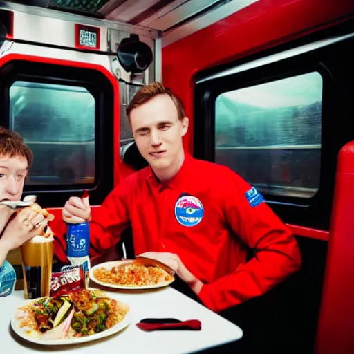 Image similar to lomo astronaut having dinner with cocacola in train