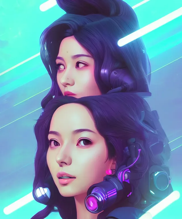 Prompt: beautiful portrait of sana from twice as a sci fi woman, with vaporwave aesthetic by artgerm, yuumei, makoto shinkai, concept art by james gilleard, artstation, cgsociety, synchromism, 8 0 s animation flat cell shaded. with thick black pencil lines!!!!