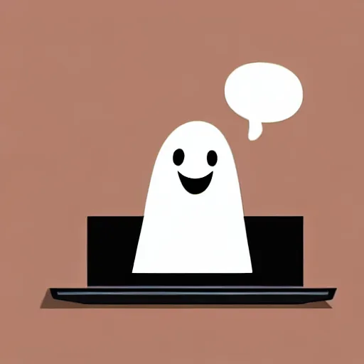 Prompt: simple vector illustration of a cute and friendly ghost typing on a laptop