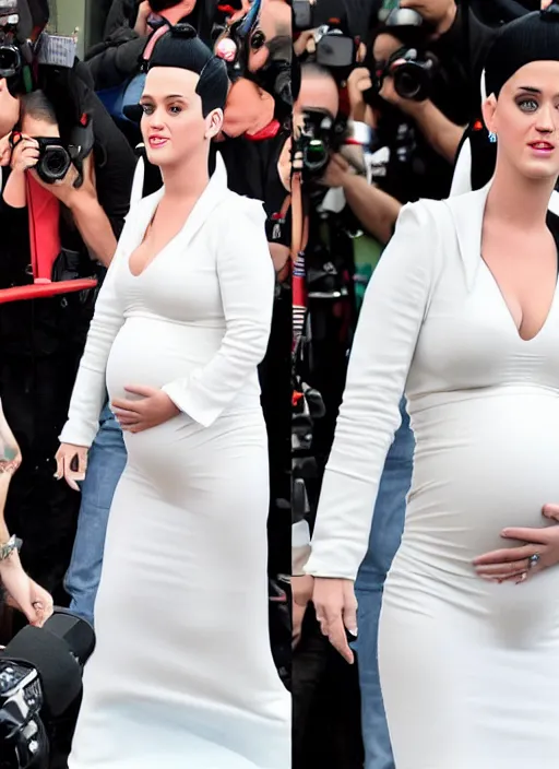 Image similar to smooth, detailed, symmetry, 4 k hdr, 3 5 mm papparazzi photography of katy perry pregnant in a white dress