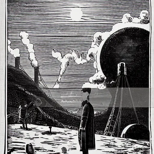 Image similar to 19th century wood-engraving of a man looking at a nuclear powerplant in the background, whole page illustration from Jules Verne book, art by Édouard Riou Jules Férat and Henri de Montaut, high quality, beautiful