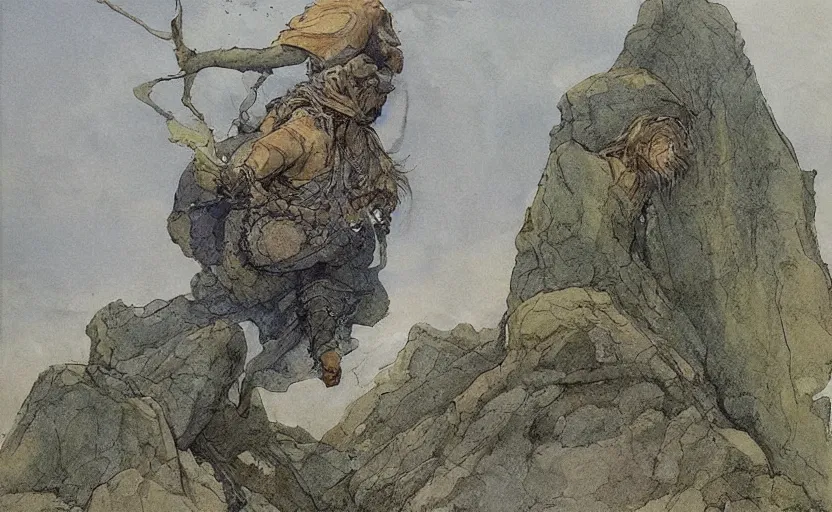 Image similar to a hyperrealist watercolour concept art of a monk levitating a huge rock over his head. it is a misty night on the moors of ireland. by rebecca guay, michael kaluta, charles vess and jean moebius giraud. high detail, hq