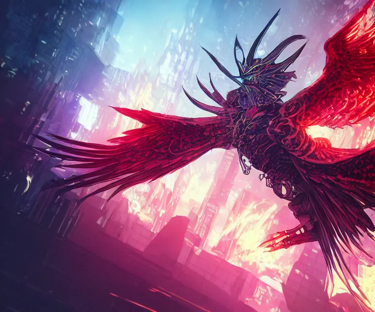 Image similar to neo tokyo, high fantasy, concept art, video game, highly detailed, phoenix flames, sharp focus, 5 0 mm