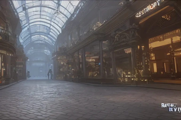 Image similar to a first person shooter on a victorian shopping mall, cinematic lightning, ray tracing, unreal engine 5, photorealistic, 8 k, uhd, 4 k, fps game concept, extremely detailed, beautiful, elegant, intricate, foggy, in - game footage