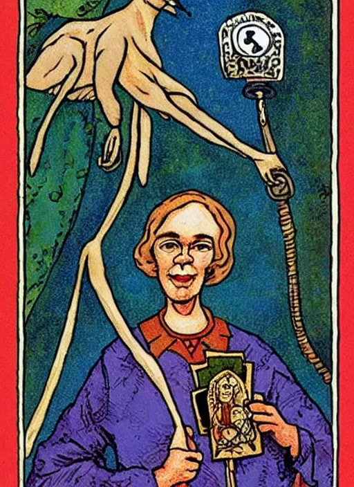 Prompt: Igor Bogdonoff caricature in Thoth tarot deck, style of Lady Frieda Harris,