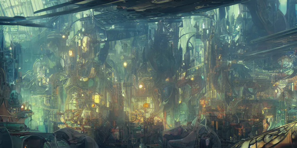Image similar to a futuristic city underwater, photorealistic, people, fish, realistic paint, highly detailed, 4k, shallow depth of field, cinematic light, concept art, artstation, art by Enrich Victor, Alphonse Mucha