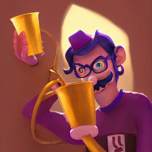 Image similar to waluigi holding golden cup, by lois van baarle, greg rutkowski, artstation, digital art, high detailed, high quality,