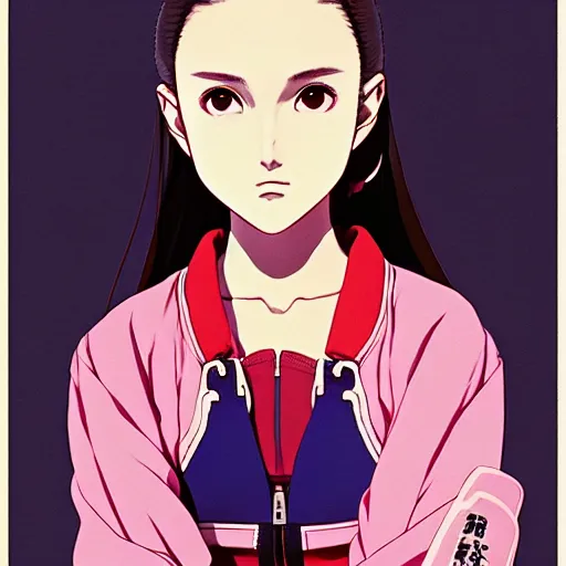 Image similar to a beautiful japanese natalie portman gravure model, wearing oversized native designer bomber jacket and leotard with overalls, bulky poofy bomber jacket with mesoamerican patterns, mesoamerican native street fashion, gapmoe yandere grimdark, trending on pixiv fanbox, painted by greg rutkowski makoto shinkai takashi takeuchi studio ghibli, akihiko yoshida