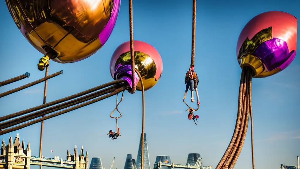 Image similar to large colorful futuristic space age metallic steampunk balloons with pipework and electrical wiring around the outside, and people on rope swings underneath, flying high over the beautiful london city landscape, professional photography, 8 0 mm telephoto lens, realistic, detailed, photorealistic, photojournalism