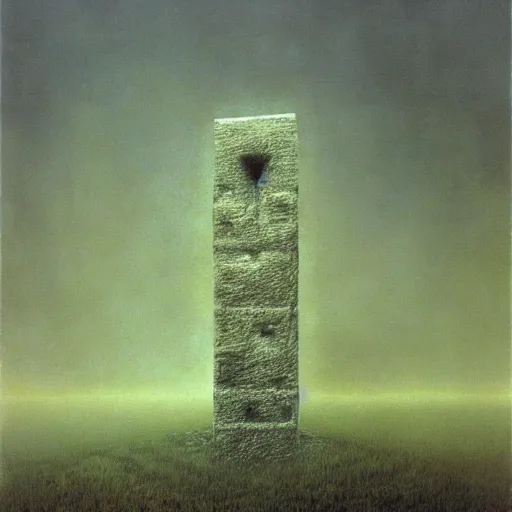 Prompt: thick fog, 6 stelae pointing down from the sky, untethered stelae, zdzislaw beksinski
