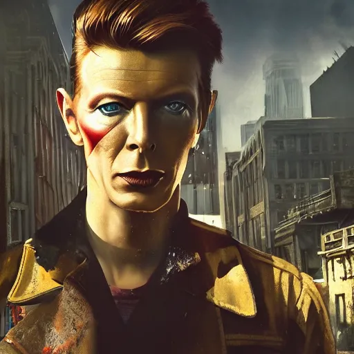 Image similar to fallout 5, charismatic david bowie, portrait, outdoors ruined cityscape, atmospheric lighting, painted, intricate, volumetric lighting, beautiful, daytime, sunny weather, slight overcast, sharp focus, deep colours, ultra detailed, by leesha hannigan, ross tran, thierry doizon, kai carpenter, ignacio fernandez rios