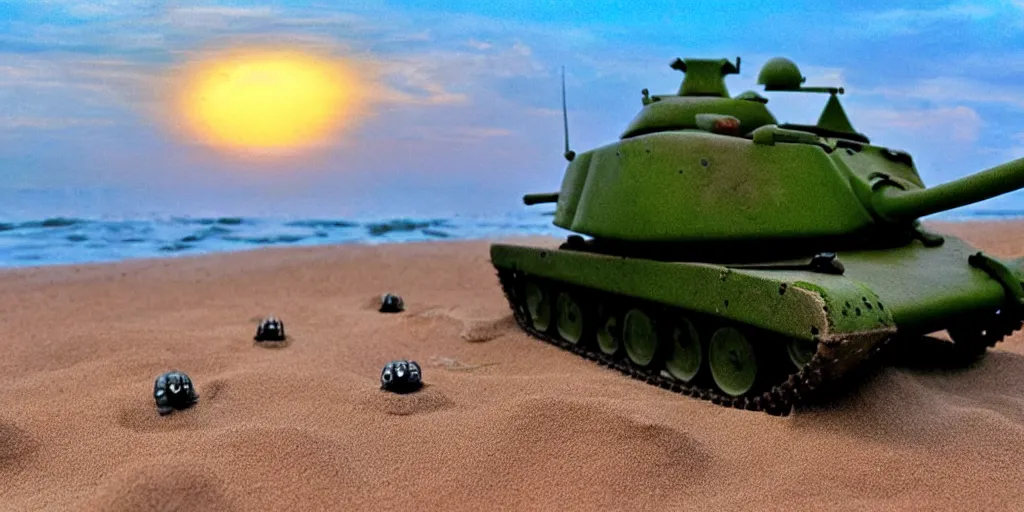 Image similar to deadly dangerous headcrab on the sand beach in the last rays of evening sun trying to eat soviet belarus tank, high detailed scene from tim burton movie