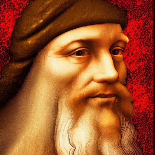 Prompt: A beautiful portrait of Leonardo Da Vinci wearing jeans and on on a psychedelic retreat in Miami, portrait, elegant, intricate, digital painting, artstation, concept art, sharp focus, illustration