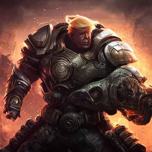 Image similar to Portrait of Trump, League of Legends amazing splashscreen artwork, Gears of War, splash art,natural light, elegant, intricate, fantasy, detailed face, atmospheric lighting, by Greg rutkowski, league of legends splash art, hd wallpaper, ultra high details