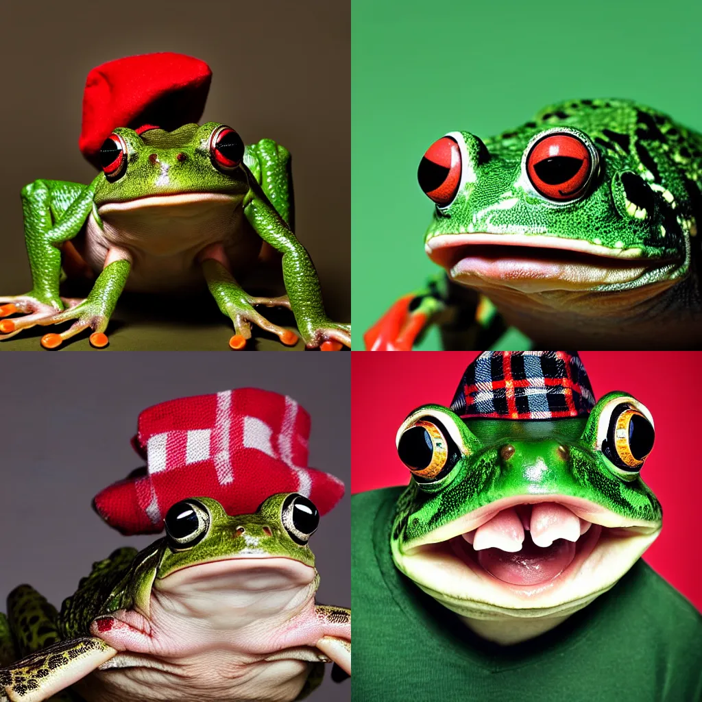 Prompt: 5 5 mm close - shot photograph of a bemused frog with its mouth and eyes wide open, wearing a tartan hat. studio lighting, studio photographic portrait