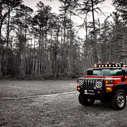 Image similar to a hummer parked in an old forest, at dusk