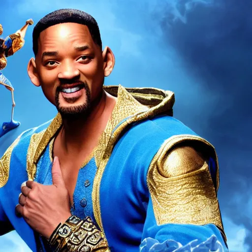 Prompt: will smith as the genie from alladin with a pistol, photo realistic, 8 k, detailed, will smith, alladin