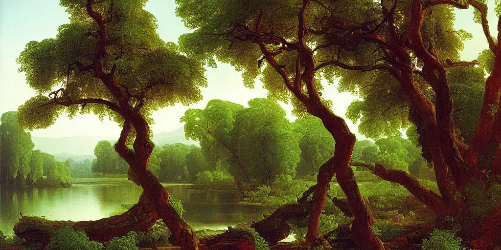 Image similar to painting of a old tree next to a meandering river by alexei savrasov and thomas cole, artstation