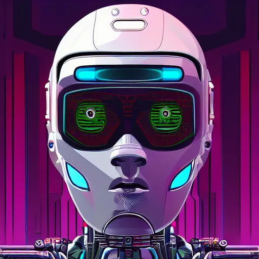 Prompt: digital portrait painting of a cyberpunk robot by Dan Mumford, hyperdetailed, trending on Artstation