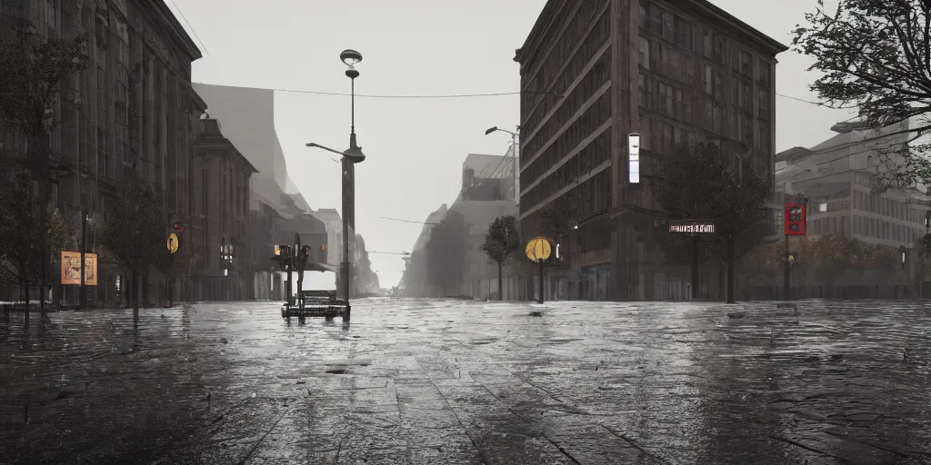 Prompt: egalitarian downtown berlin with heavy rain, cinematic, ultra - realistic, ultra - detailed, octane render, unreal engine 5, depth of field