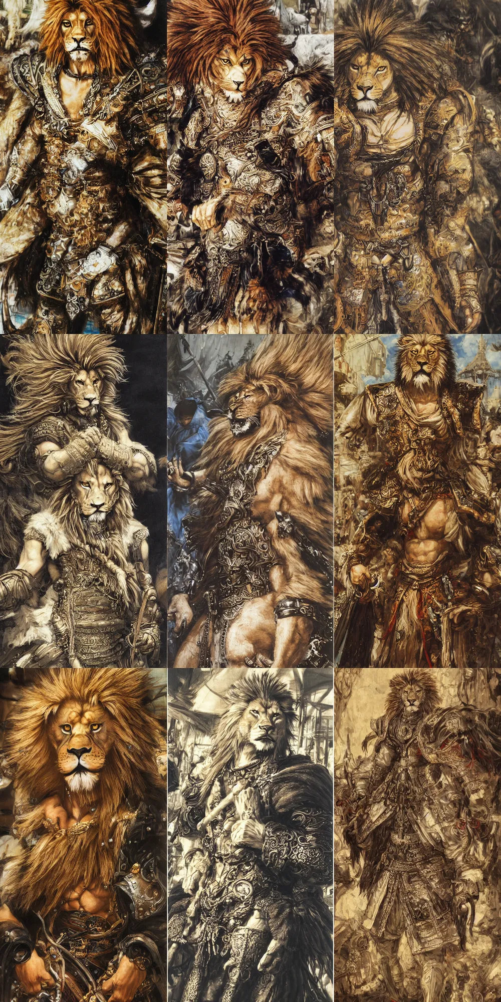 Image similar to 8 k yoshitaka amano painting of upper body of a young cool looking lion beastman with white mane at a medieval market at windy day. depth of field. he is wearing complex fantasy clothing. he has huge paws. renaissance style lighting.