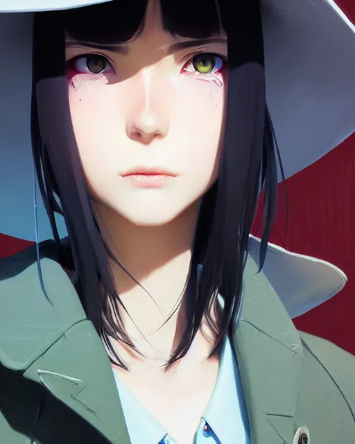 Image similar to girl wearing wide brimmed hat and trechcoat | | fine detail!! anime!! realistic shaded lighting!! poster by ilya kuvshinov katsuhiro otomo ghost - in - the - shell, magali villeneuve, artgerm, jeremy lipkin and michael garmash and rob rey