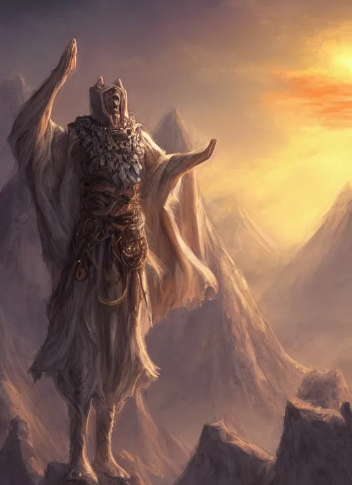 Prompt: druid from dungeon and dragons starring at the sky, with arms up, praying at the sun, matte painting, fantasy art