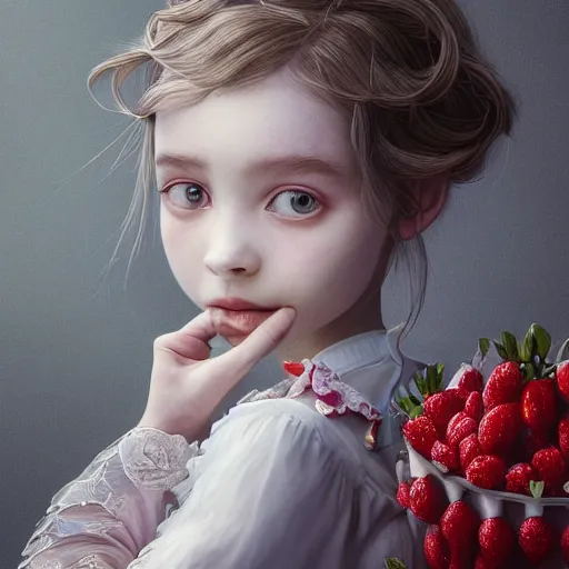 Image similar to the portrait of the absurdly beautiful, graceful, elegant, sophisticated, fashionable little girl made of strawberries and white petals looking down, an ultrafine hyperdetailed illustration by kim jung gi, irakli nadar, intricate linework, bright colors, octopath traveler, final fantasy, unreal engine 5 highly rendered, global illumination, radiant light, detailed and intricate environment