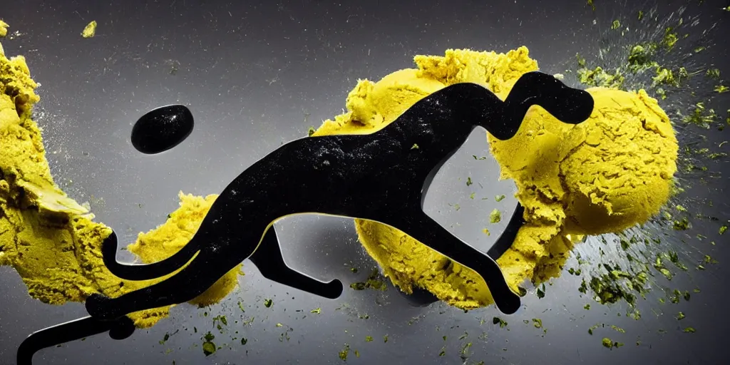 Image similar to abstract composition representing a panther created by a mixture of pistachio ice cream, black marble, dandelions and coca cola being thrown around by centrifugal forces, brilliant museum sculpture, award winning photo, 4k