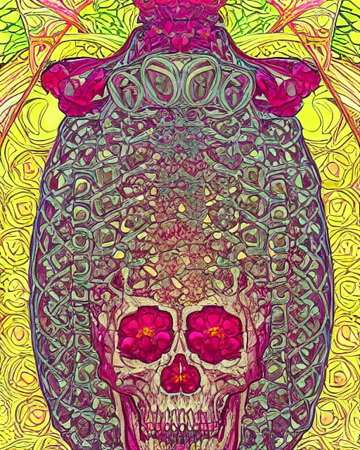Image similar to Carved ruby skull art surrounded by varities of pineapple, cell shading, voronoi, fibonacci sequence, sacred geometry by Alphonse Mucha, Moebius, hiroshi yoshida, Art Nouveau, colorful, ultradetailed, vivid colour, 3d