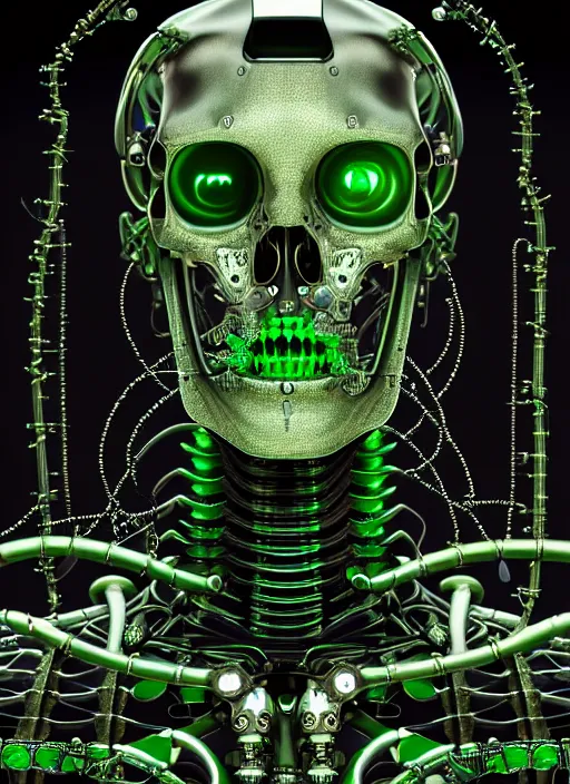 Prompt: a photorealistic detailed close up portrait of a cybernetic, bionic, metal skeleton, black and green only, intricate, elegant, highly detailed, digital painting, artstation, concept art, smooth, sharp focus, illustration, art by hana yata, artem demura, alphonse mucha, octane render, unreal engine, 8 k