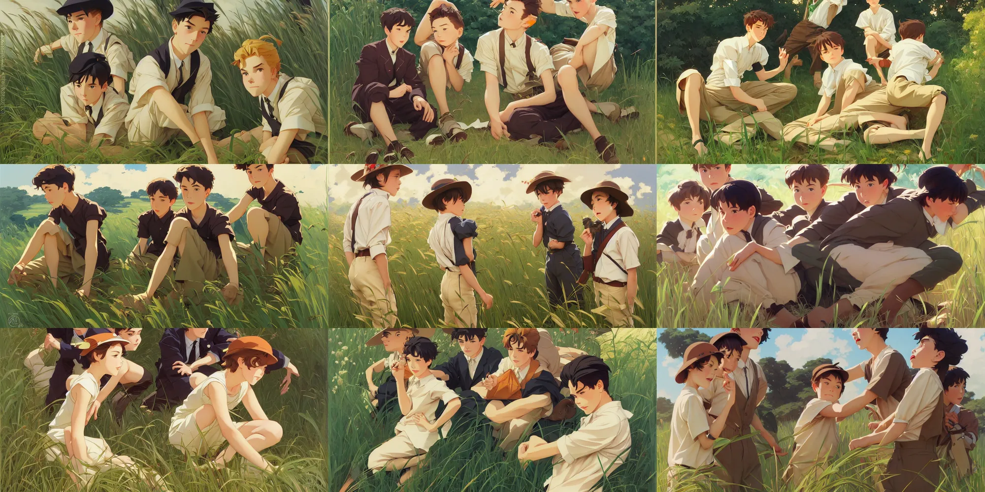 Prompt: grass, boys, in the style of studio ghibli, j. c. leyendecker, greg rutkowski, artgerm