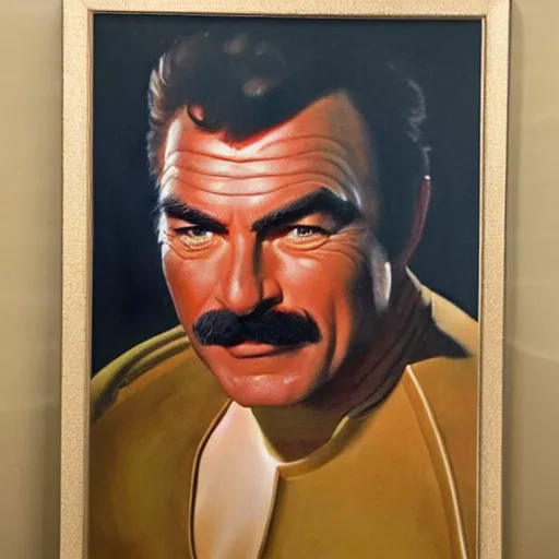 Image similar to ultra realistic portrait painting of tom selleck as captain kirk, art by frank frazetta, 4 k, ultra realistic, highly detailed, epic lighting