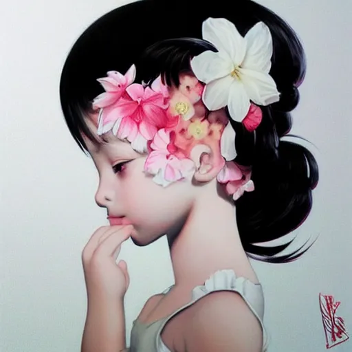 Image similar to little girl with flowers in hair wearing an white dress, art by ilya kuvshinov, profile picture, inspired in hirohiko araki, realistic, highly detailed