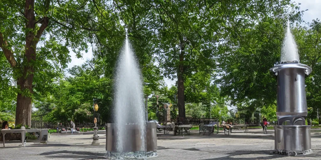 Prompt: a beer fountain in a park, wide angle