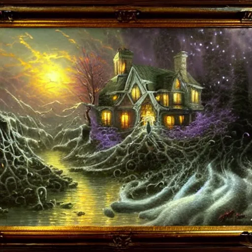 Prompt: Thomas Kinkade painting of eldritch horror , creepy art, dark, cosmic horror, inspired by H. P. Lovecraft
