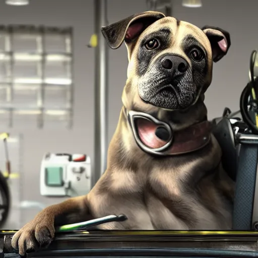 Image similar to photorealistic of a dog working as a mechanic, dynamic lighting, highly detailed