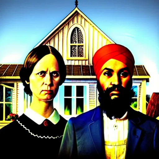 Image similar to Justin Trudeau and Jagmeet Singh in the american gothic painting, concept art, sharp focus, highly detailed digital painting by Grant Wood, artstation