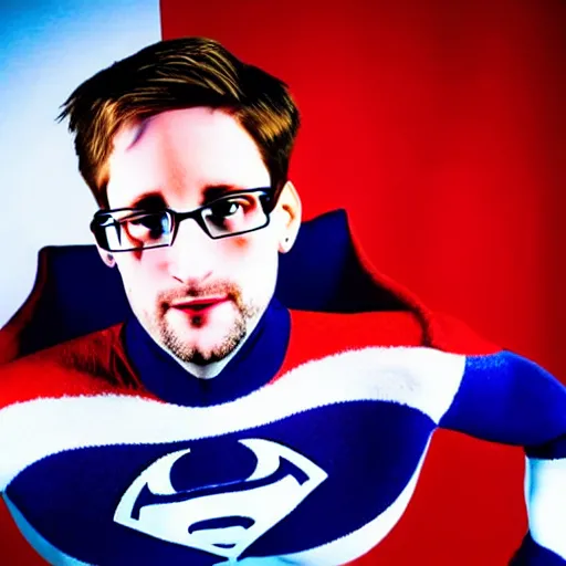 Image similar to UHD candid photo of Edward Snowden dressed as a superhero, wearing red white and blue, accurate face, UHD, photorealistic, correct face, photo by Annie Leibowitz