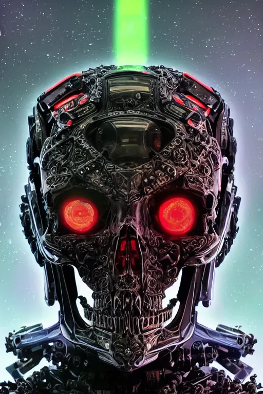 Image similar to a dramatic full-color futuristic skull ,godlike and stoic, with dull glowing eyes, extremely detailed cybernetic engraved armor and intricately detailed mecha helmet, perfectly symmetrical facial structure and framework, beautiful yet brutal alien facial features of cybernetic themes, by josh nizzi and steve jung and vitaly bulgarov, dark sci-fantasy, deeply ornate complexity, human anatomy mixed with transformer and cyborg characteristics, sci-fi character concept, photorealism, art nouveau framing, stunning lighting, hyperrealism, 8k