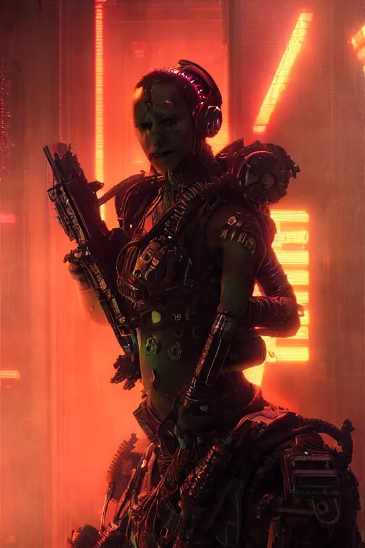 Prompt: a cybergoth warhammer character, dystopian mood, cinematic film look, super realistic , neon, sci-fi character portrait by gaston bussiere, craig mullins