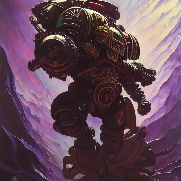 Prompt: painting of a warhammer space marine, in the style of artgerm and greg rutkowski and alphonse mucha, exuberant organic elegant forms, by karol bak and filip hodas : : 1. 4 purple, red, blue, green, black intricate mandala explosions : : intuit art : : turbulent water backdrop : : damask wallpaper : : atmospheric