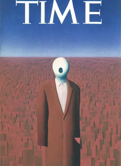 Prompt: TIME magazine cover, the coming AI singularity, by Rene Magritte