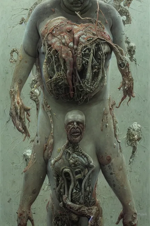 Prompt: paul blart full body portrait, highly detailed, body horror, biopunk, creative design, oil on canvas, by zdzisław beksinski, marco mazzoni, peter gric