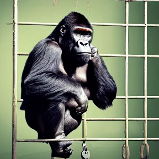 Prompt: a crying gorilla in a cage with a key just out of the gorillas reach