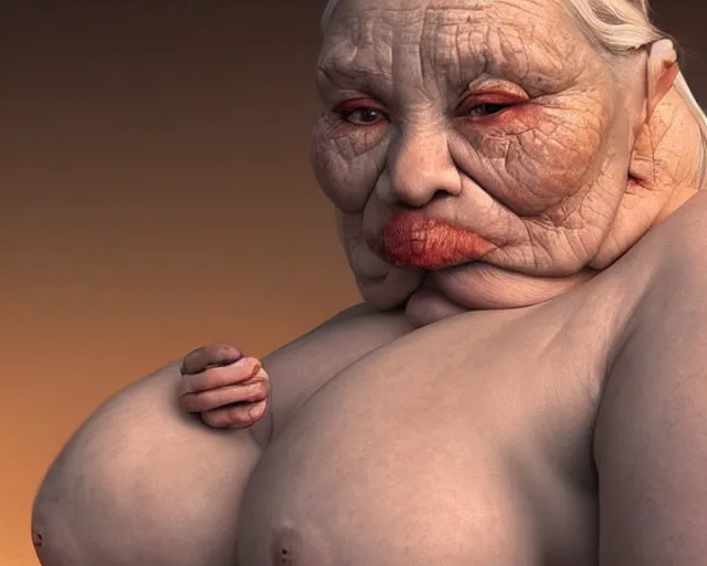 Image similar to of a very beautiful scene. ambient occlusion render. a sweet fat old woman is giving birth to her shadow. hyper realistic. 4 k. wide angle. wild. symmetrical face, red mouth, blue eyes. deep focus, lovely scene. ambient occlusion render. concept art. unreal engine.