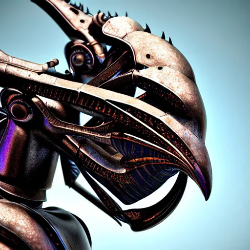 Prompt: hyperrealism aesthetic close - up photography computer simulation visualisation in araki nobuyoshi style of parallel universe surreal movie scene with detailed stylish medieval dragon wearing neorofuturistic sci - fi armour designed by josan gonzalez. hyperrealism photo on pentax 6 7, by giorgio de chirico volumetric natural light rendered in blender